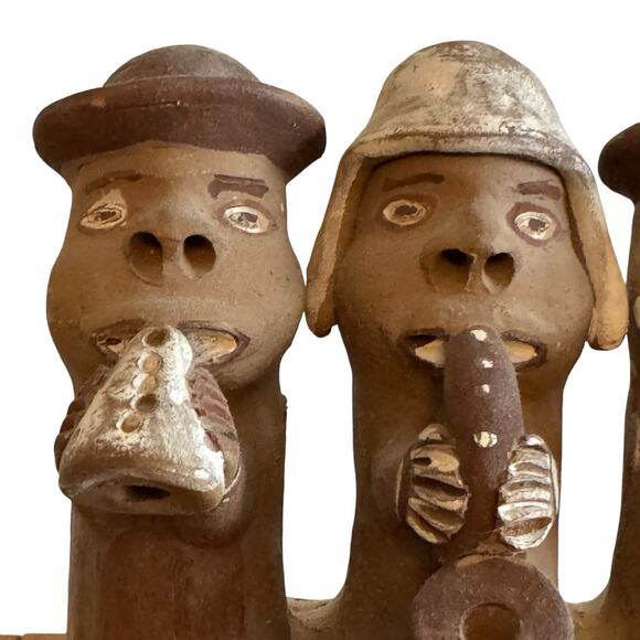 Peruvian Clay Figurine Four Musicians Flute Folk Art Inca Village Band Red Clay - Picture 4 of 8